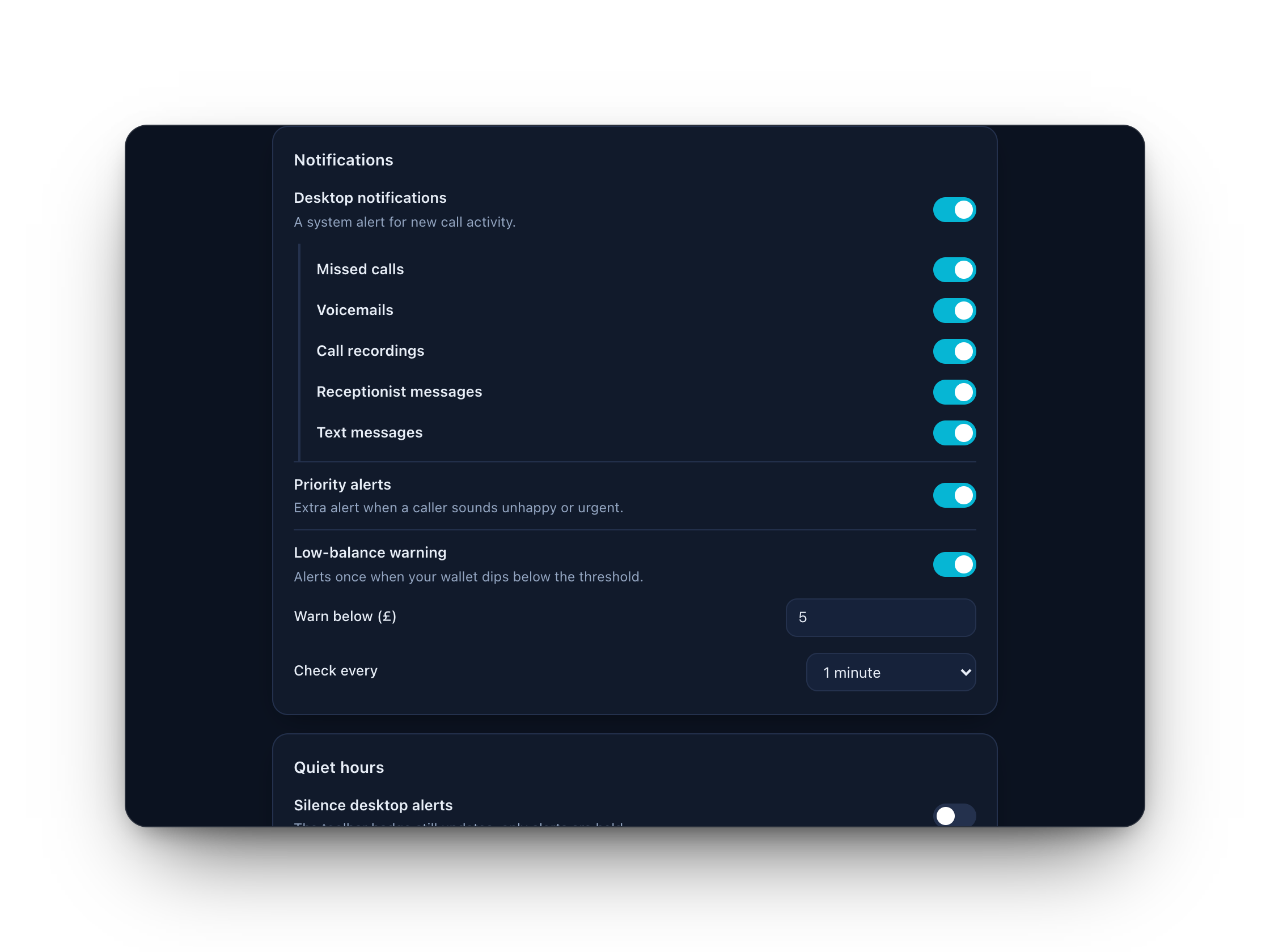 LineHQ Pulse options page with per-type notification toggles, priority alerts and a low-balance warning