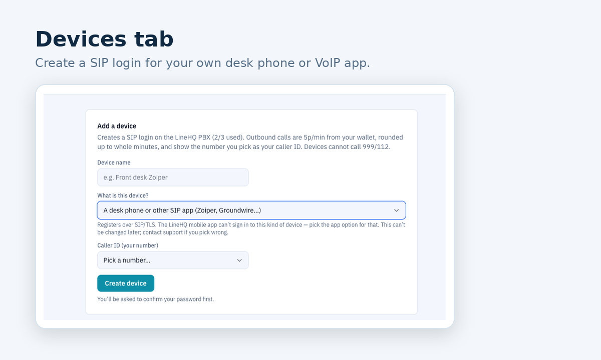 LineHQ Devices tab showing the add a device form for creating a SIP login