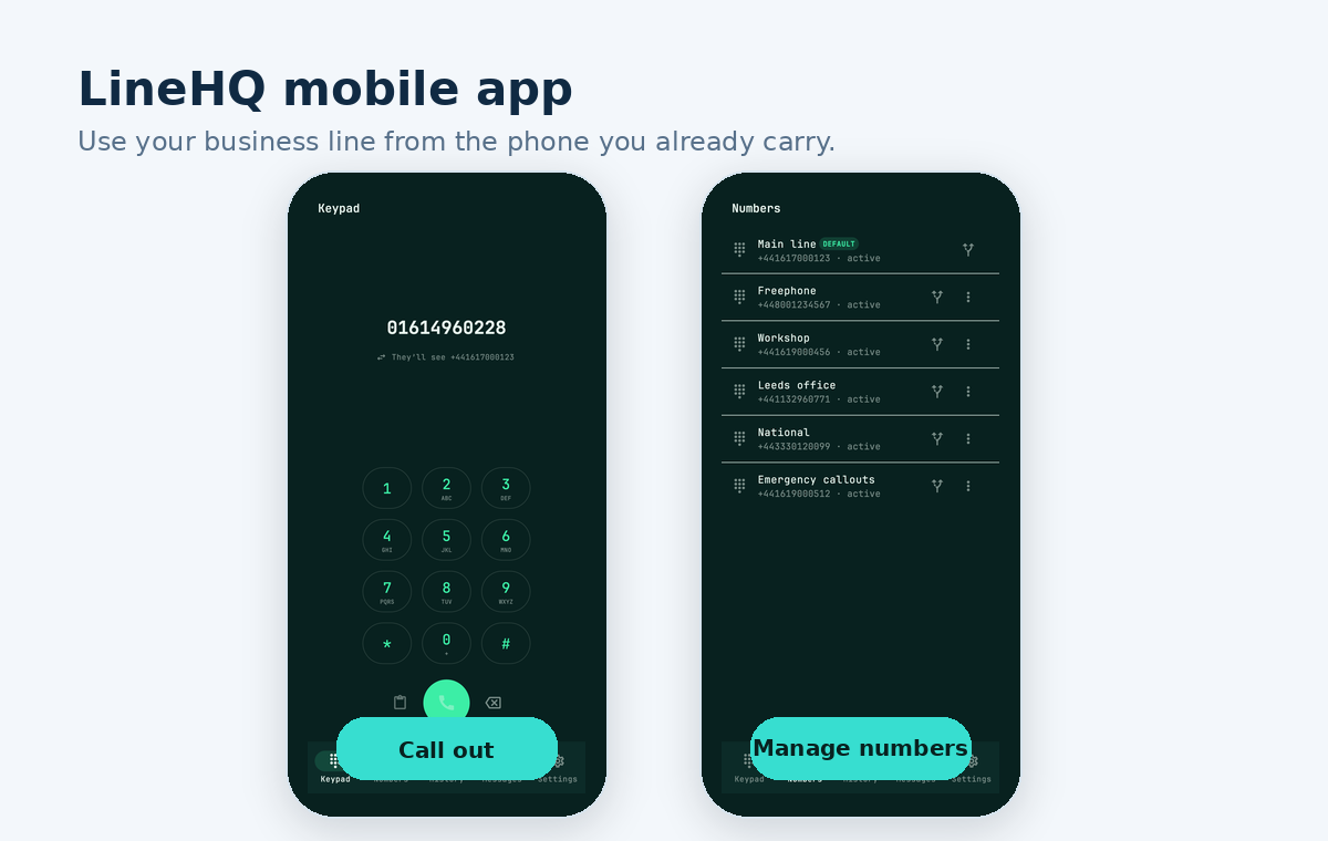 LineHQ mobile app screenshots showing the keypad and business numbers screens